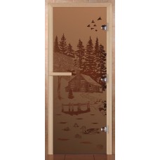 Дверь для бани Сила Алтая Банька в лесу Бронза матовая 190х70мм стекло 8мм лиственная коробка 3 петли