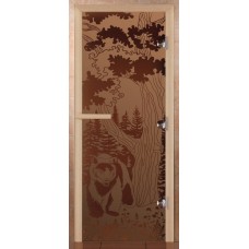 Дверь для бани Сила Алтая Мишка в лесу Бронза матовая 190х70мм стекло 8мм лиственная коробка 3 петли