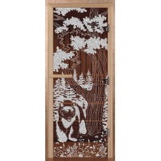 Дверь для бани Сила Алтая Мишка в лесу Бронза прозрачная 190х70мм стекло 8мм лиственная коробка 3 петли